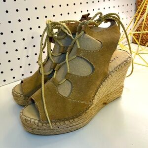 Fabiolas Tan Lace Up Cut Out Wedge Leather Espadrille Sandals
